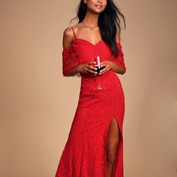 NEW Lulus Caterina‎ Red Lace Off-the-Shoulder Maxi - Picture 1 of 6